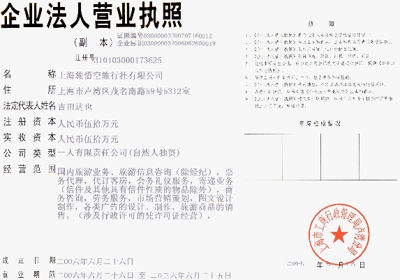 上海旅悟空旅行社有限公司・上海市工商局登記簿写し